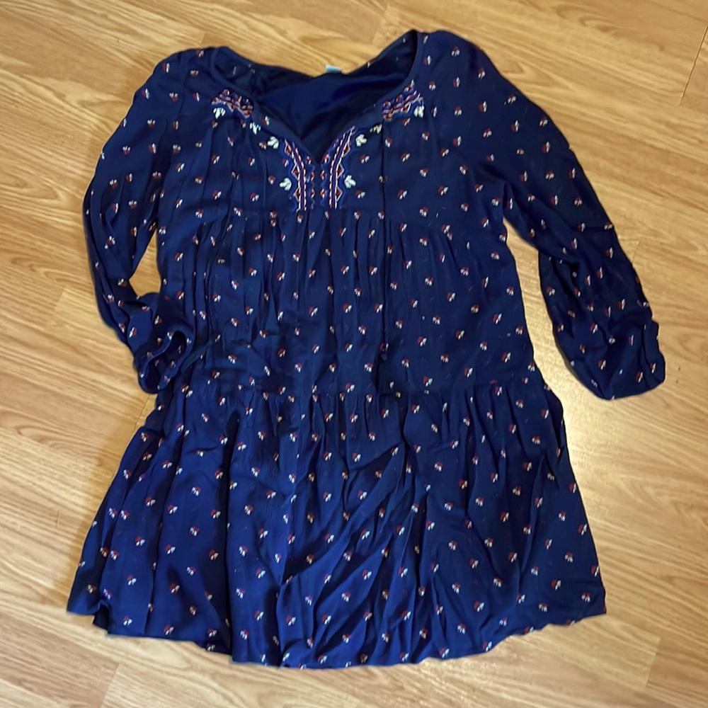 Old Navy Navy Blue Patterned Long Top with Tassels